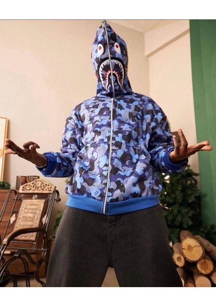Erkek 2 Iplik Bape Kapüşonu Fermuarlı Hırka - Mavi