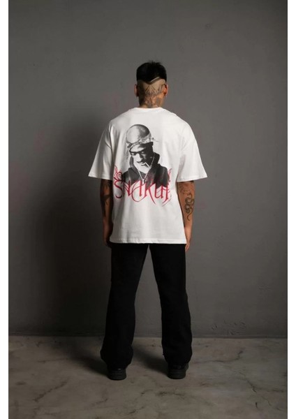 Erkek Sırt Baskılı Oversize T-Shirt - Beyaz modelleri