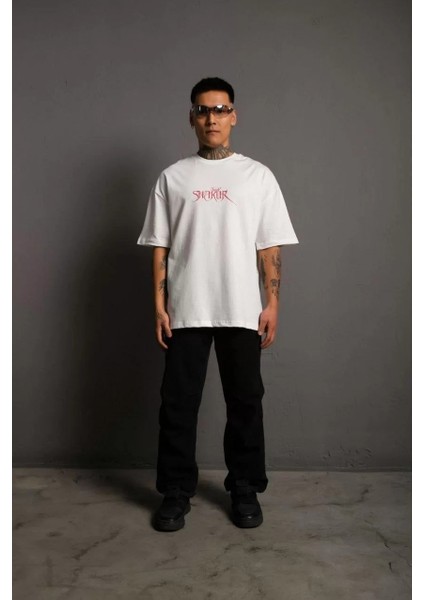 Erkek Sırt Baskılı Oversize T-Shirt - Beyaz fırsatları