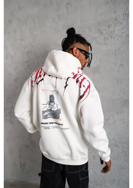 Erkek Ön ve Arka Baskılı Kapüşonlu 3 Iplik Sweatshirt - Beyaz