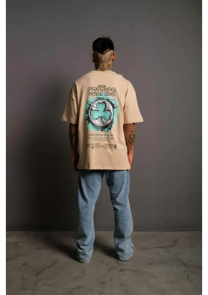 Erkek Sırt Baskılı T-Shirt - Bej