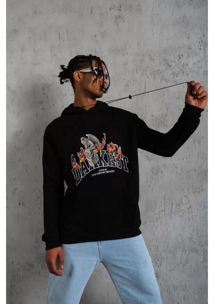 Erkek Dankes Baskılı Kapüşonlu Sweat - Siyah