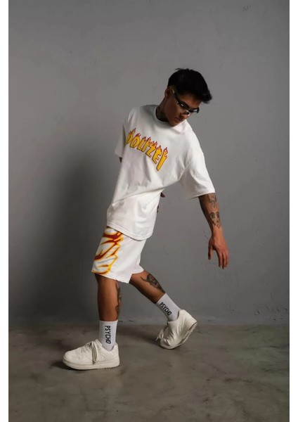 Özel Marka Erkek alev Baskılı Ikili Şortlu Takım - Beyaz fırsatları