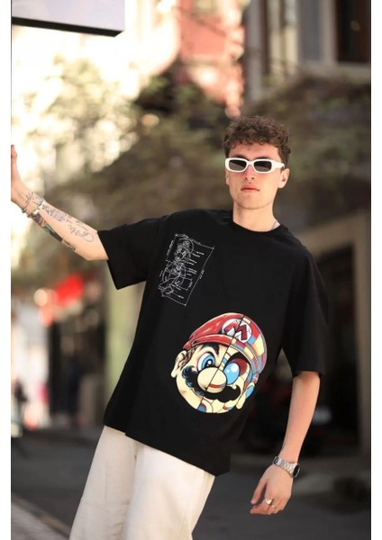 Erkek Mario Baskılı Oversize T-Shirt - Siyah