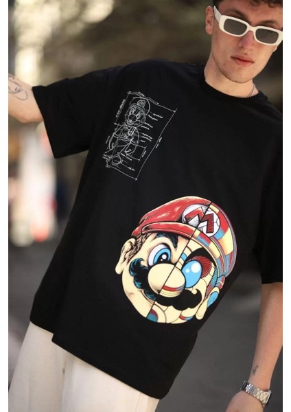 Erkek Mario Baskılı Oversize T-Shirt - Siyah