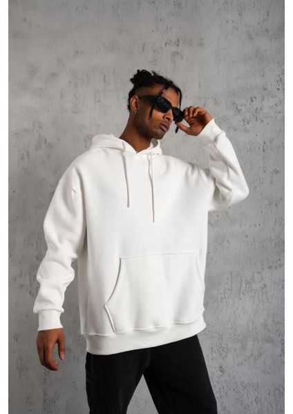Erkek Düz Kapüşonlu Sweat - Beyaz