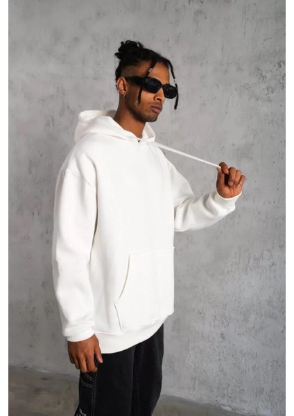 Erkek Düz Kapüşonlu Sweat - Beyaz