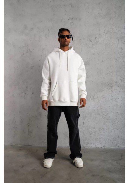 Erkek Düz Kapüşonlu Sweat - Beyaz