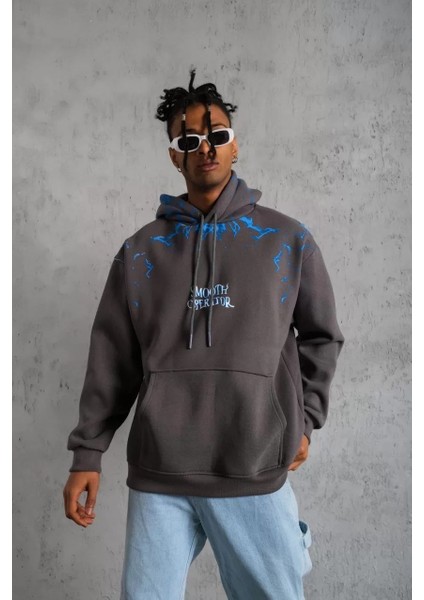 Erkek Yıldırım Baskılı Kapşonlu Sweatshirt - Gri fırsatları