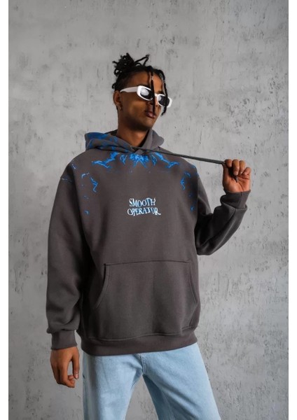 Erkek Yıldırım Baskılı Kapşonlu Sweatshirt - Gri modelleri