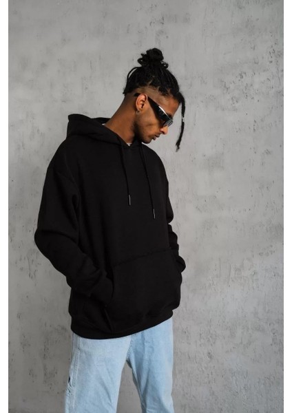 Erkek Düz Kapüşonlu Sweat - Siyah