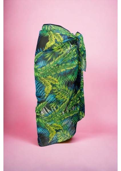 Tropikal Desenli Uzun Pareo Şifon Kadın Plaj Elbisesi Yeni Sezon