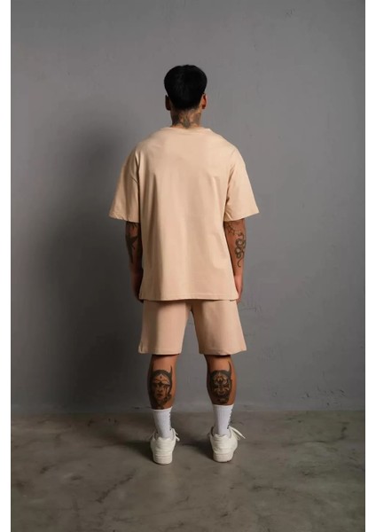 Özel Marka Erkek alev Baskılı Ikili Şortlu Takım - Bej fiyatları