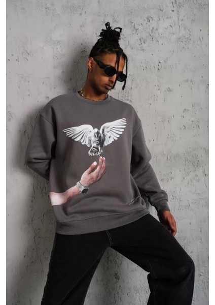 Erkek Güvercin Baskılı Sweatshirt - Gri