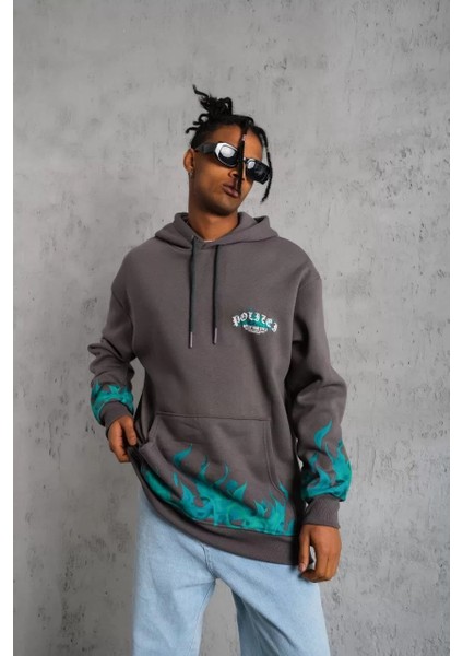 Erkek Üç Iplik Içi Pamuklu Alev Baskılı Kapüşonlu Sweatshirt - Gri
