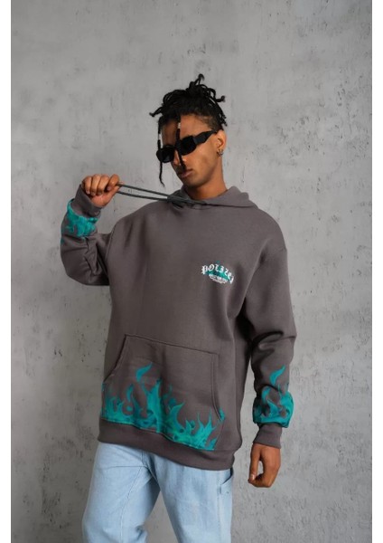 Erkek Üç Iplik Içi Pamuklu Alev Baskılı Kapüşonlu Sweatshirt - Gri