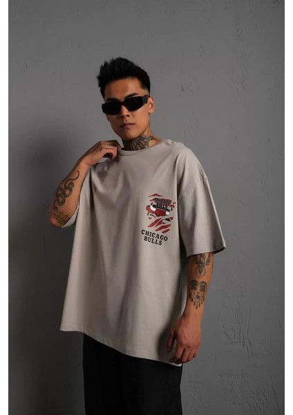 Erkek Sırt Baskılı Kalite Oversize T-Shirt - Gri