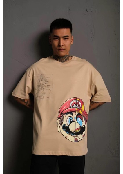 Erkek Mario Baskılı Oversize T-Shirt - Bej