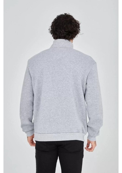 Erkek Yarım Fermuarlı Baskılı Sweat - Gri