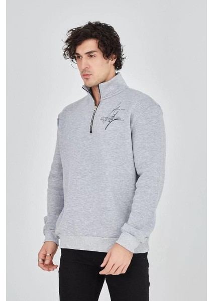 Erkek Yarım Fermuarlı Baskılı Sweat - Gri