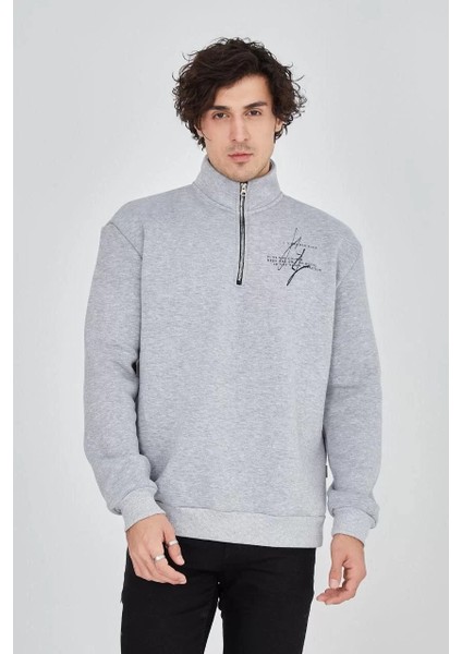 Erkek Yarım Fermuarlı Baskılı Sweat - Gri