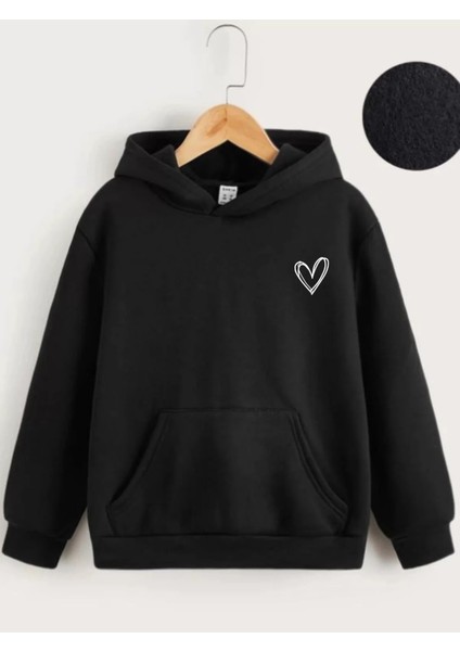 Çocuk Unisex Kapüşonlu Çizgi Kalp Baskılı Sweatshirt - Siyah