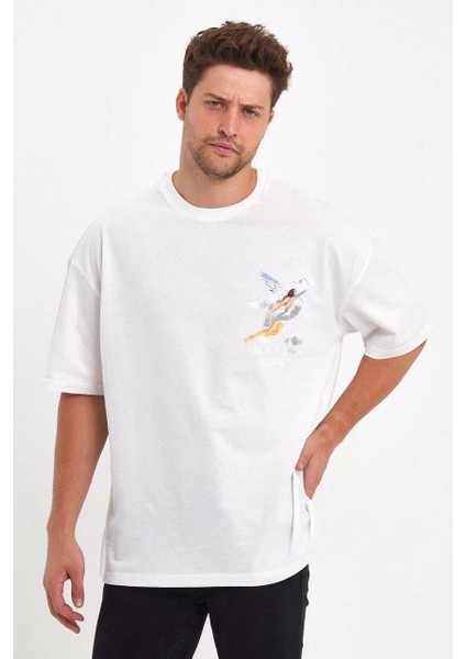 Erkek Melek Baskılı Oversize T-Shirt - Beyaz fiyatları