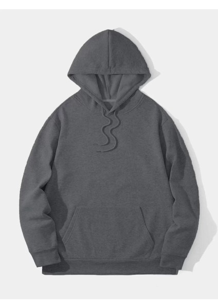 Erkek Düz Kapüşonlu Sweat - Füme