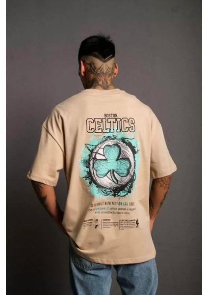 Erkek Sırt Baskılı T-Shirt - Bej modelleri