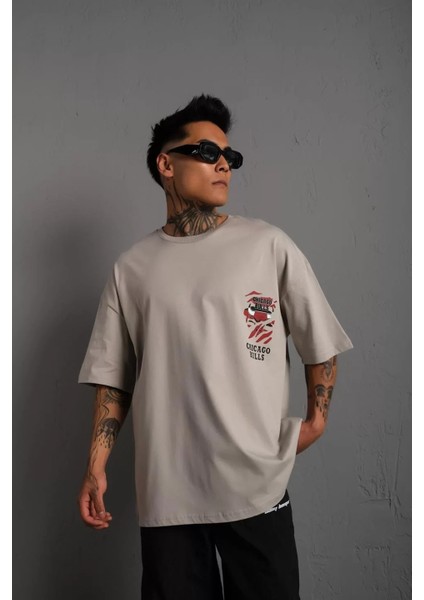 Erkek Sırt Baskılı Kalite Oversize T-Shirt - Gri modelleri