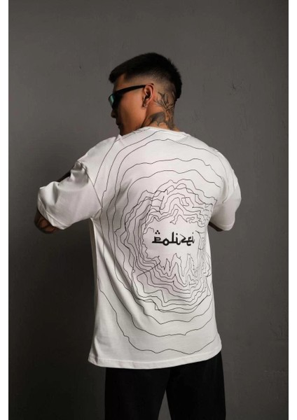 Erkek Bisiklet Yakalı Sırt Baskılı Oversize T-Shirt - Beyaz