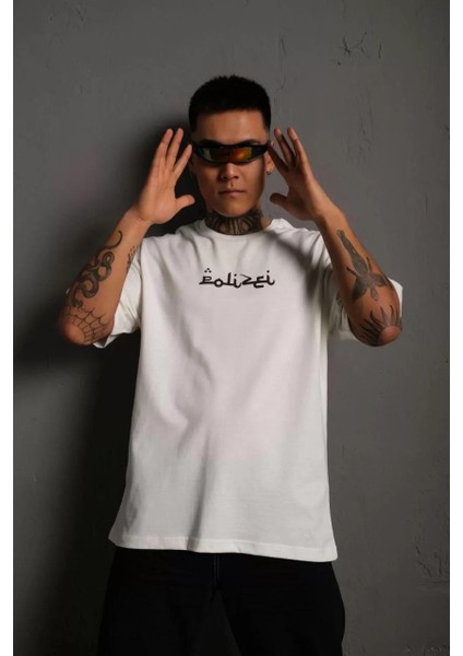 Erkek Bisiklet Yakalı Sırt Baskılı Oversize T-Shirt - Beyaz fiyatları