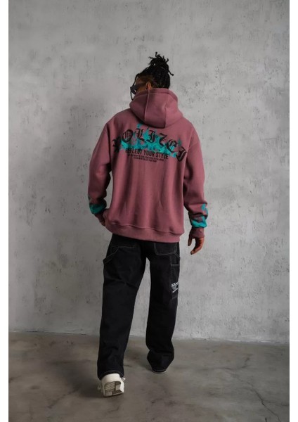 Erkek Üç Iplik Içi Pamuklu Alev Baskılı Kapüşonlu Sweatshirt - Gül Kurusu