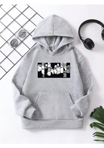 Çocuk Unisex Kapüşonlu Koyu Anime Baskılı Sweatshirt - Gri