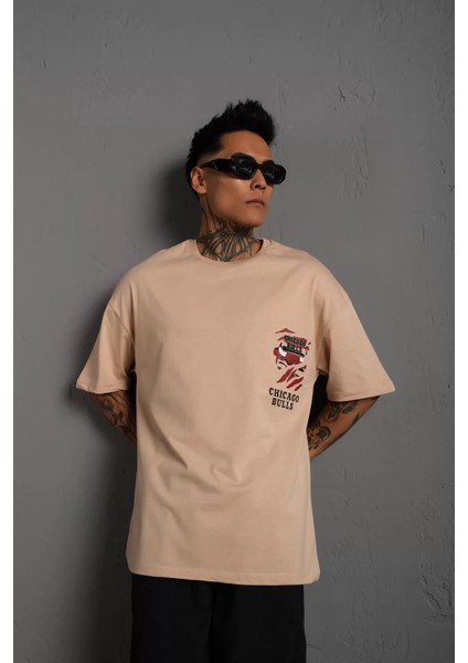 Erkek Sırt Baskılı Kalite Oversize T-Shirt - Bej modelleri