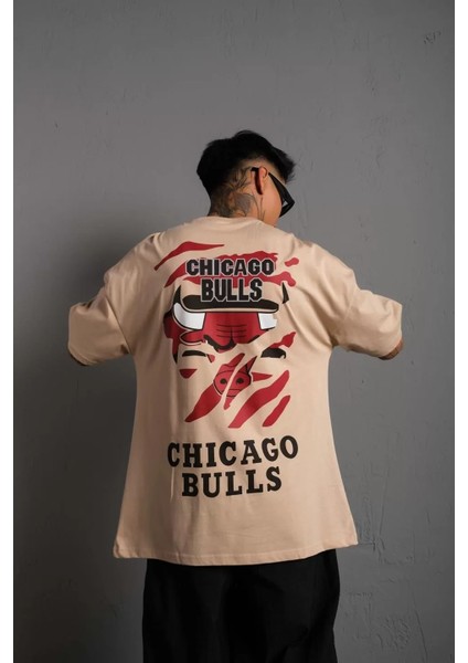 Erkek Sırt Baskılı Kalite Oversize T-Shirt - Bej fırsatları