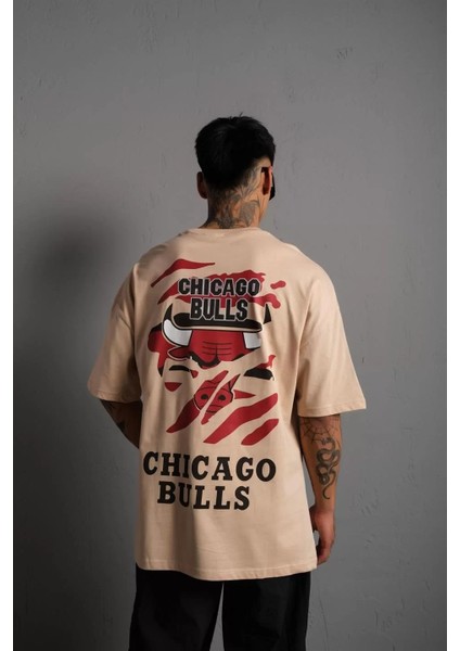Erkek Sırt Baskılı Kalite Oversize T-Shirt - Bej indirimleri