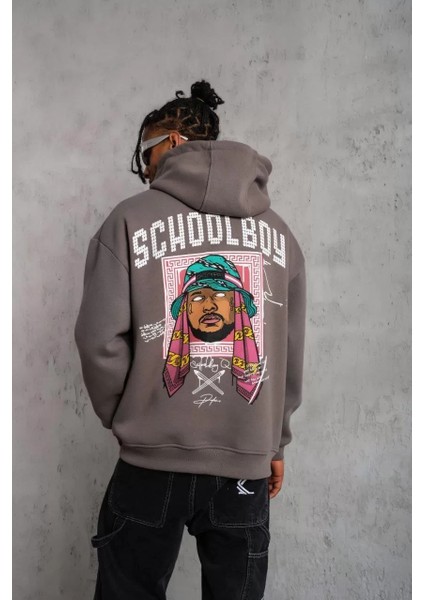 Erkek School Boy Baskılı Kapüşonlu Sweat - Gri