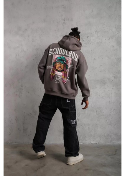 Erkek School Boy Baskılı Kapüşonlu Sweat - Gri