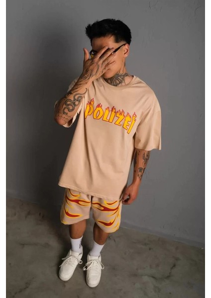 Özel Marka Erkek alev Baskılı Ikili Şortlu Takım - Bej