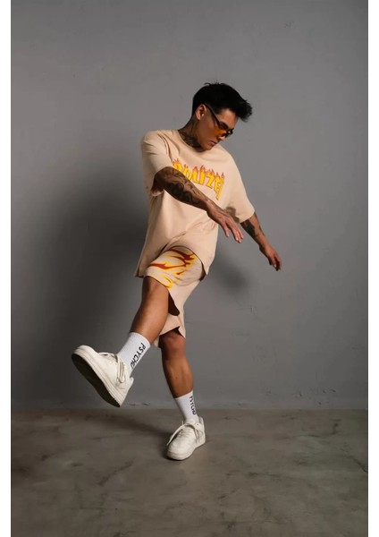 Özel Marka Erkek alev Baskılı Ikili Şortlu Takım - Bej modelleri