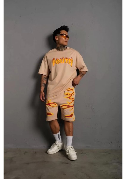 Özel Marka Erkek alev Baskılı Ikili Şortlu Takım - Bej fırsatları