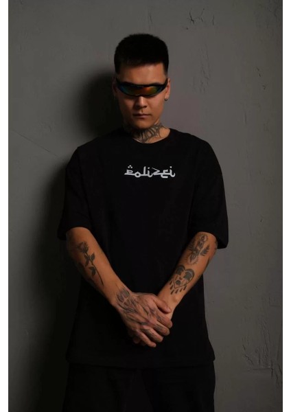 Erkek Bisiklet Yakalı Sırt Baskılı Oversize T-Shirt - Siyah fiyatları