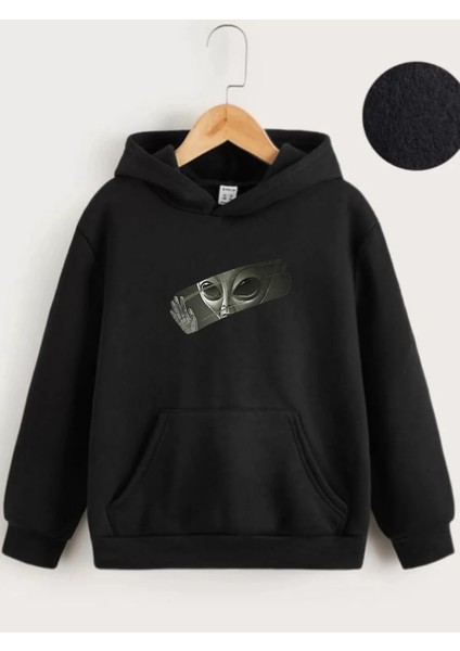 Çocuk Unisex Kapüşonlu Uzaylı Baskılı Sweatshirt - Siyah