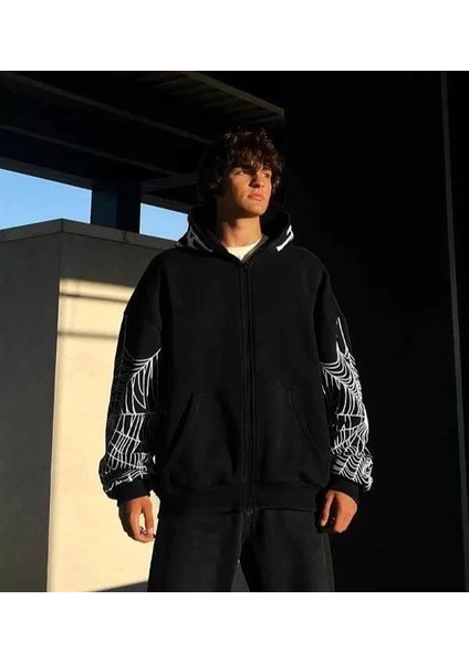 Tarz Yeri Erkek Kadın Bape Spider Baskılı Oversize Hırka - Siyah