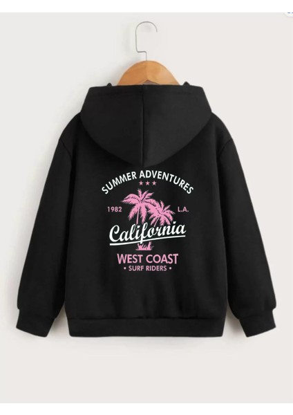 Tarz Yeri Çocuk Unisex Kapüşonlu Ön ve Arka California Baskılı Sweatshirt - Siyah