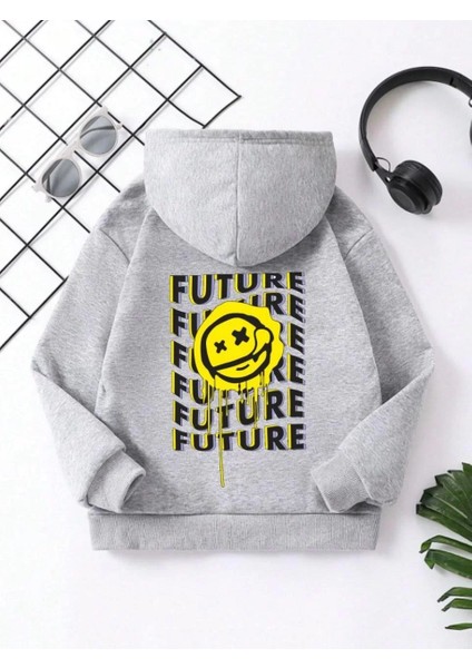 Çocuk Unisex Kapüşonlu Emoji Baskılı Sweatshirt - Gri