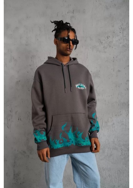 Erkek Üç Iplik Içi Pamuklu Alev Baskılı Kapüşonlu Sweatshirt - Gri fırsatları