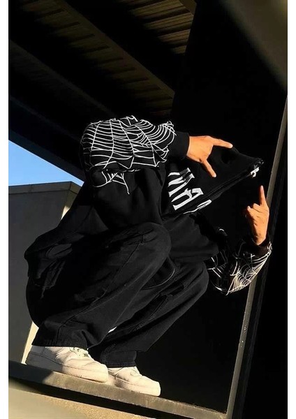 Tarz Yeri Erkek Kadın Bape Spider Baskılı Oversize Hırka - Siyah