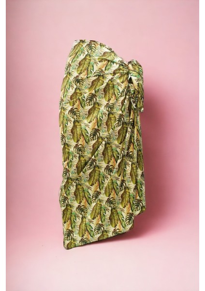 Yeşil Monstera Desenli Uzun Pareo Saten Kadın Plaj Elbisesi Yeni Sezon